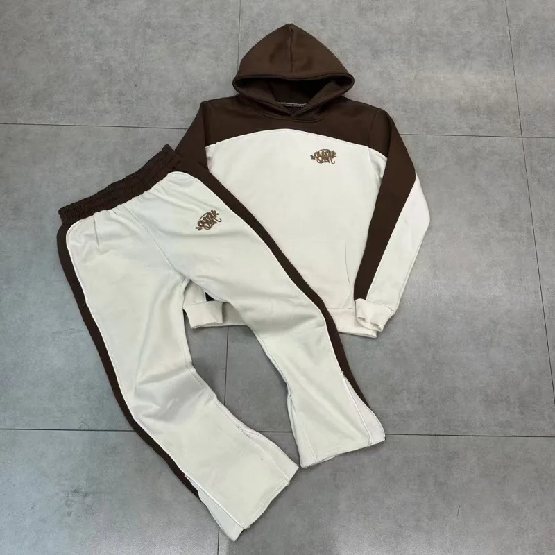 American Streetwear Embroidered Logo Patchwork Fleece Hoodie Sweatpants Casual Set Long Sleeve Cotton Blend Spring Wear