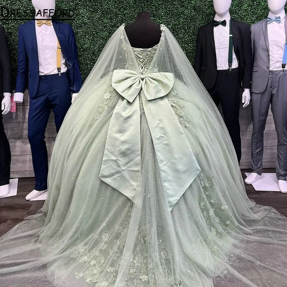 Mint Green Spaghetti Strap Quinceanera Dress With Cape Ball Gown 3D Flowers Appliques Lace Corset Sweet 15 Vestidos De XV Años