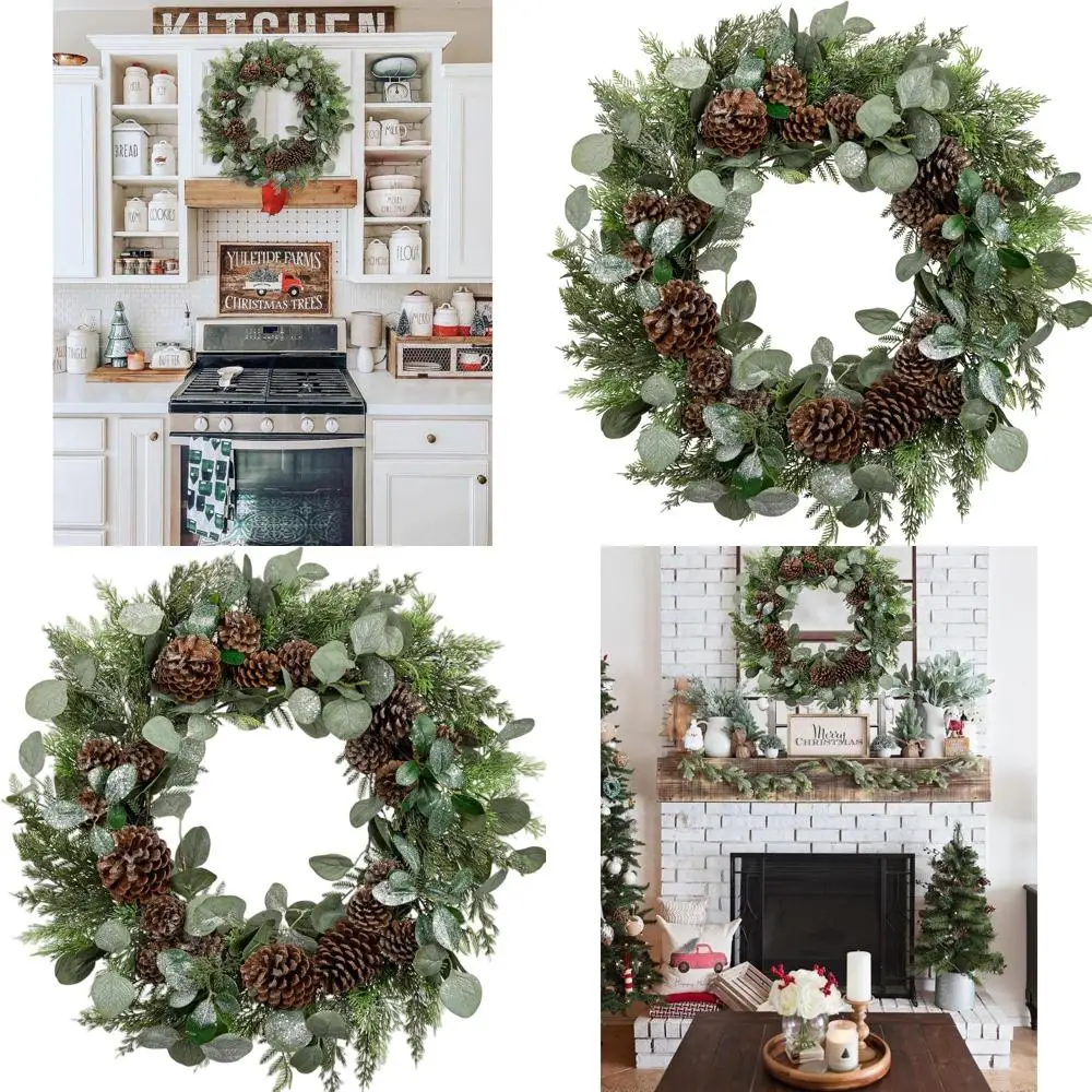 

Рождественский венок «Большой эвкалипт и сосна» с блестящей зеленью и шишками — идеально подходит для декора двери, стены или мантии