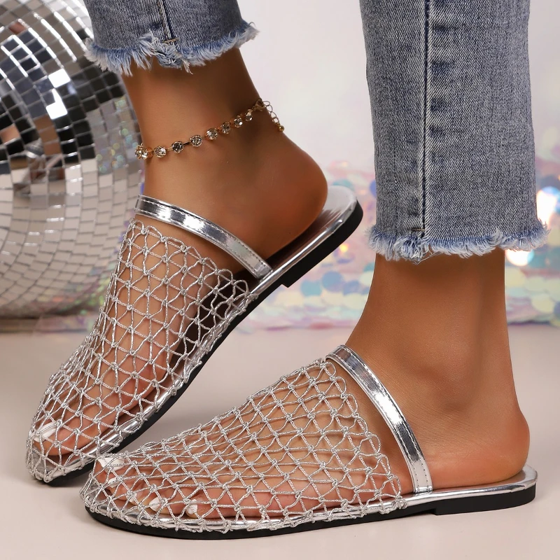 2025 New Crochet Net Mule Slippers Woman Brand Design Mesh Flat Sandals Ladies Summer Elegant Hollow Out Fishnet Shoes