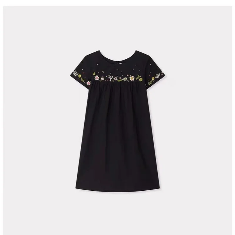 

In Stock 2026 Children's Summer Girls' Black Flower Embroidered Loose Western Princess Skirt Short Sleeve Dress
