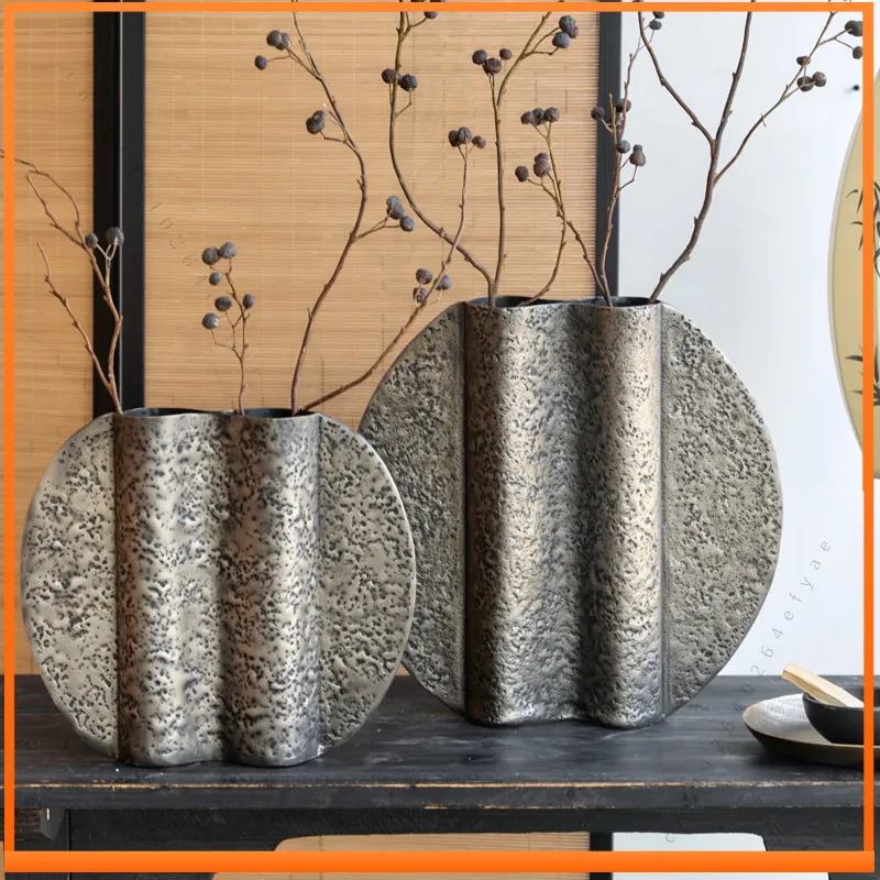Aluminum Gray One-tube Elegant Flower Device Model Room Wabi-sabi Metal Flat Vase Decorative Ornament