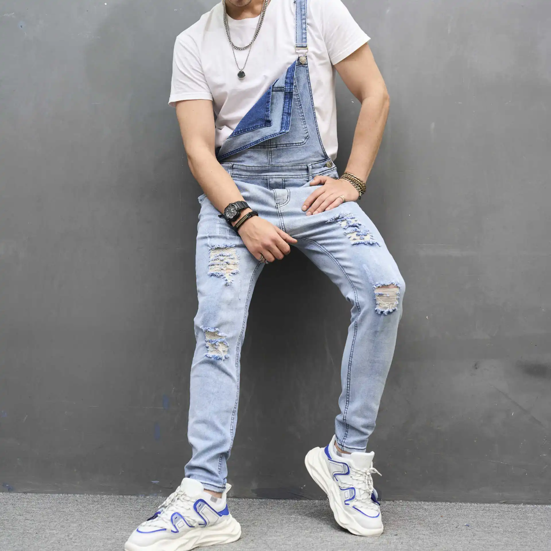 2023 New Mens Jeans Overalls Slim Holes Straps Denim Pants Teenager Streetwear Jumpsuit Large Size Romper