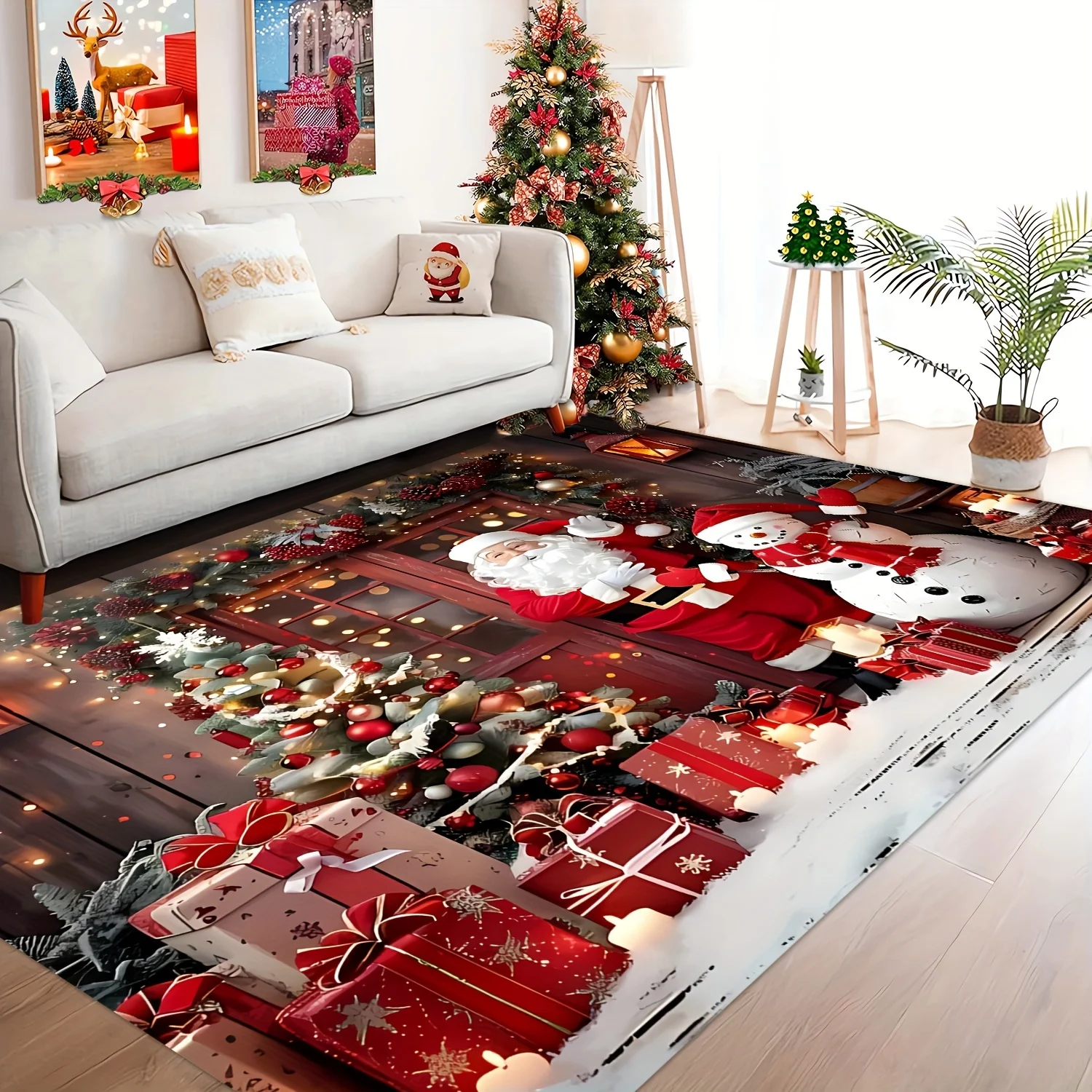VIKAMA  Christmas Snowflake Area Mat Red with Gold and White Snowflakes Living Room Bedroom Decoration Holiday Home Decoration
