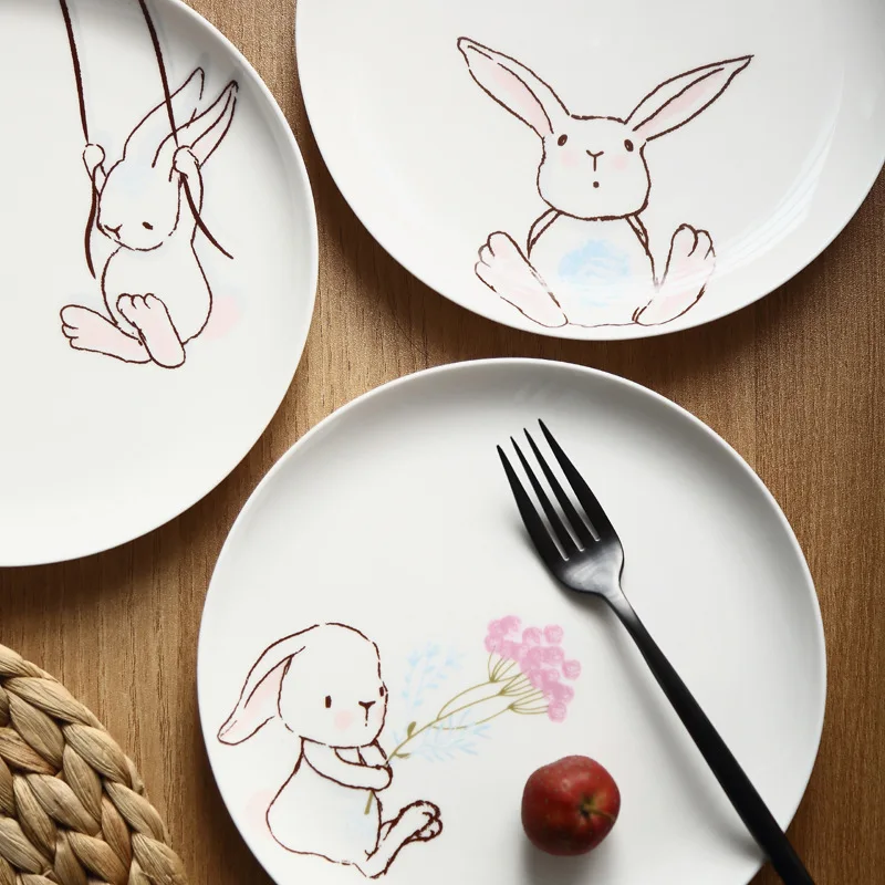 8 Inch Ceramic Bunny Dinner Plate Cute Rabbit Dishes Afternoon Tea Dessert Plate Pasta Dish Party Serving Plate Microwave Safe