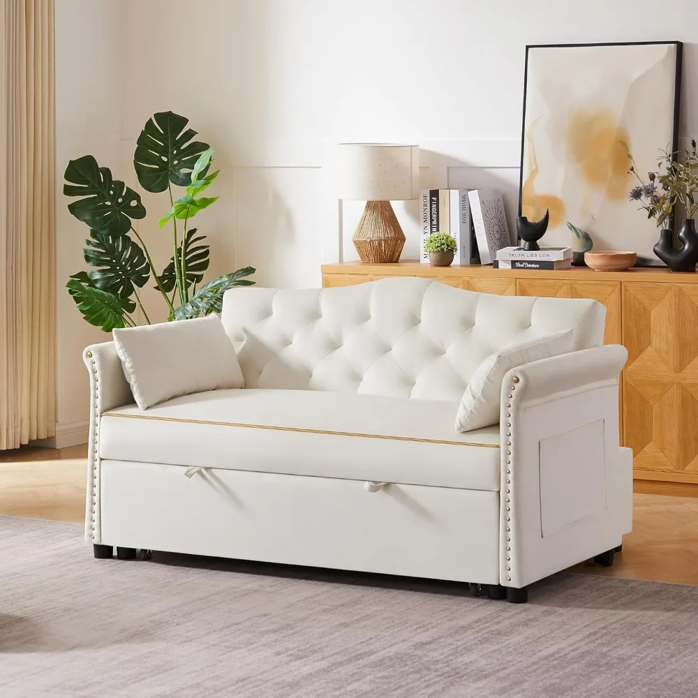 Velvet Pull-Out Sofa Bed, 3-in-1 Convertible Loveseat with Gold Trim Strips and Adjustable Backrest