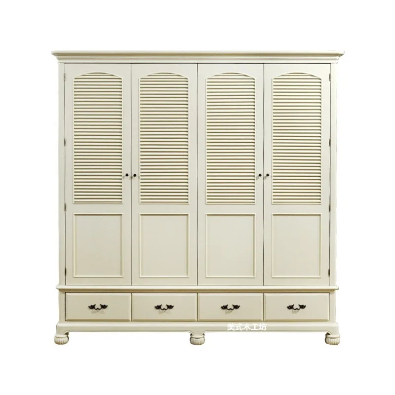 American country bedroom four-door wardrobe louver large capacity wardrobe French retro old ivory white locker