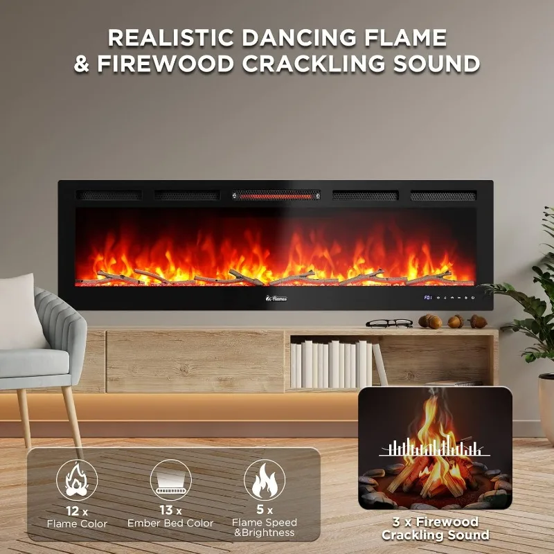 TURBRO 60” Smart WiFi Infrared Electric Fireplace with Sound Crackling and Realistic Flame, 1500W Quartz Heater