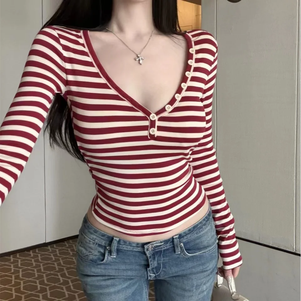 Korean Style Slim Fit Striped Base Layer Shirt T-Shirt Women's Long Sleeve Inner Wear Breathable Soft V-Neck Casual Top