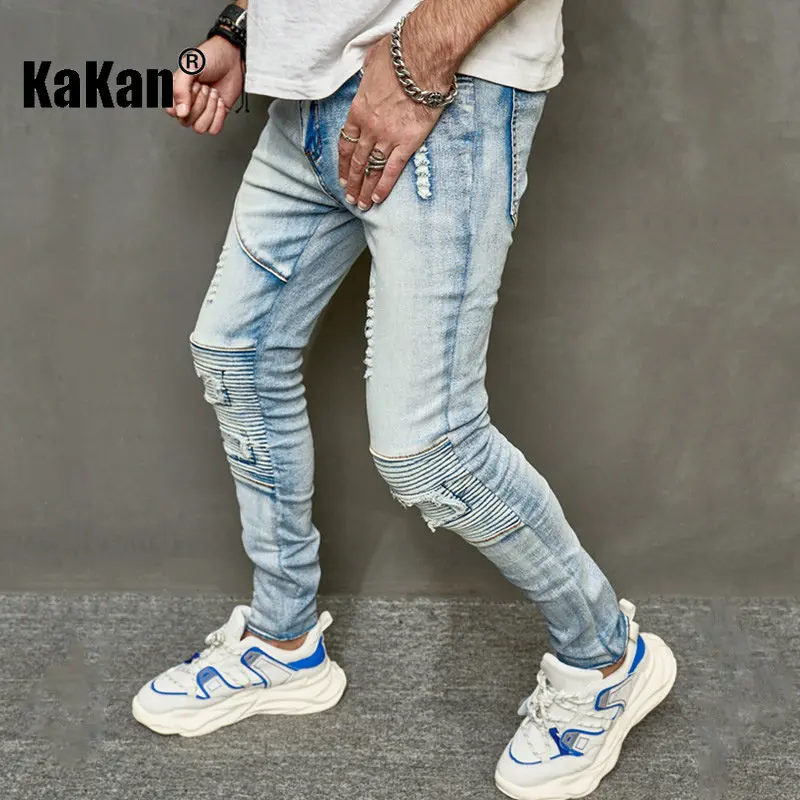 Kakan - New Washed Old Personalized Perforated Jeans for Men, High Street Small Foot Slim Fit Versatile Long Jeans K49-7006