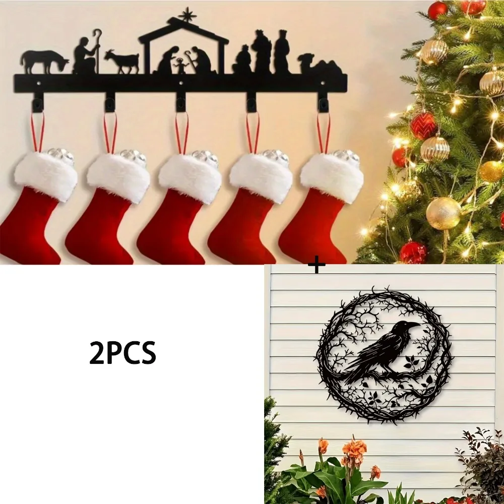 2Pcs Nativity Scene Stocking Holder & Crow Thorn Circle Metal Wall Art, Black Wrought Iron Gothic Decor for Living Room
