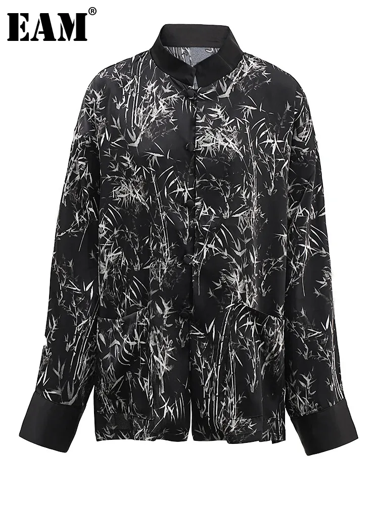 

[EAM] Women Black Printed Big Size Vintage Blouse New Stand Collar Long Sleeve Shirt Fashion Tide Spring Autumn 2024 CPG1634