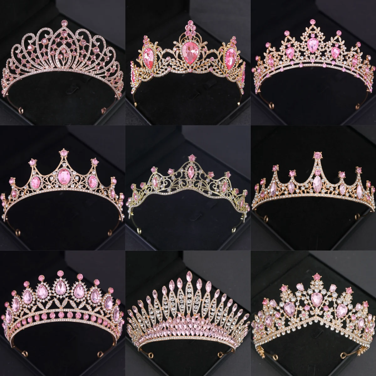 فاخر الوردي كريستال تاج تيارا للنساء حفلة الإكليل التيجان والتيجان الزفاف حفل زفاف إكسسوارات الشعر مجوهرات خوذة