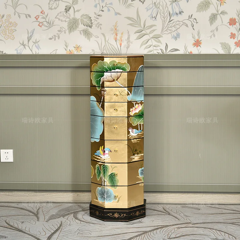 CX new Chinese gold foil painted lotus eight bucket cabinet light luxury hexagonal multi-layer, high cabinet