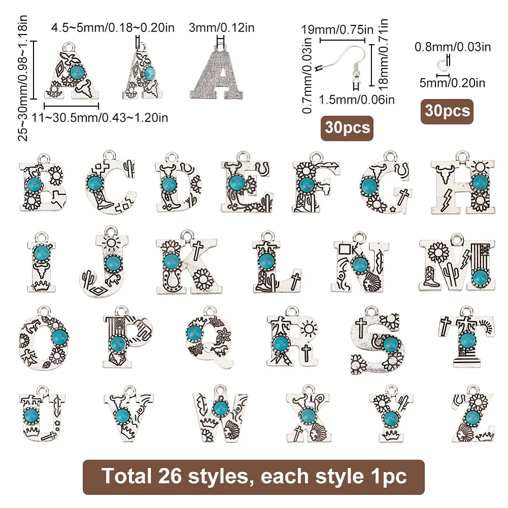 

DIY Initial Alphabet Alloy Dangle Earrings Making Kit Silver 5~30x5~25x0.8~5mm Hole: 1.5~3mm Pin: 0.7mm