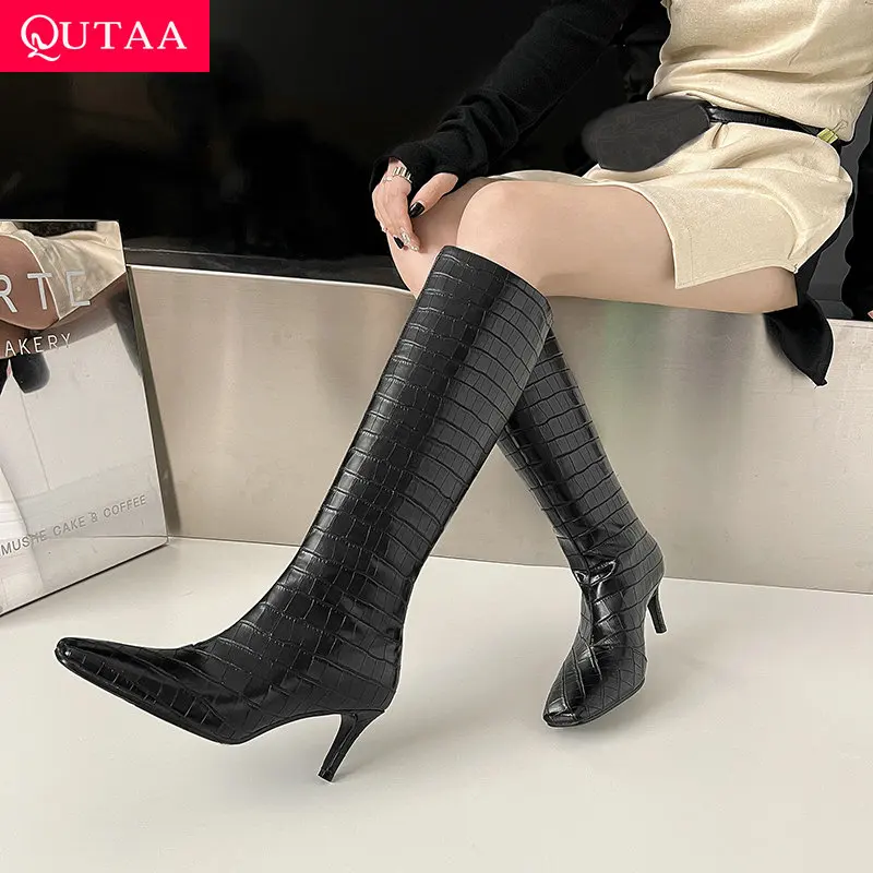 

QUTAA 2025 Winter Women Knee High Boots Woman Crocodile Pattern Leather High Heel Shoes Pointed Toe Long Boots Lady Size 34-39