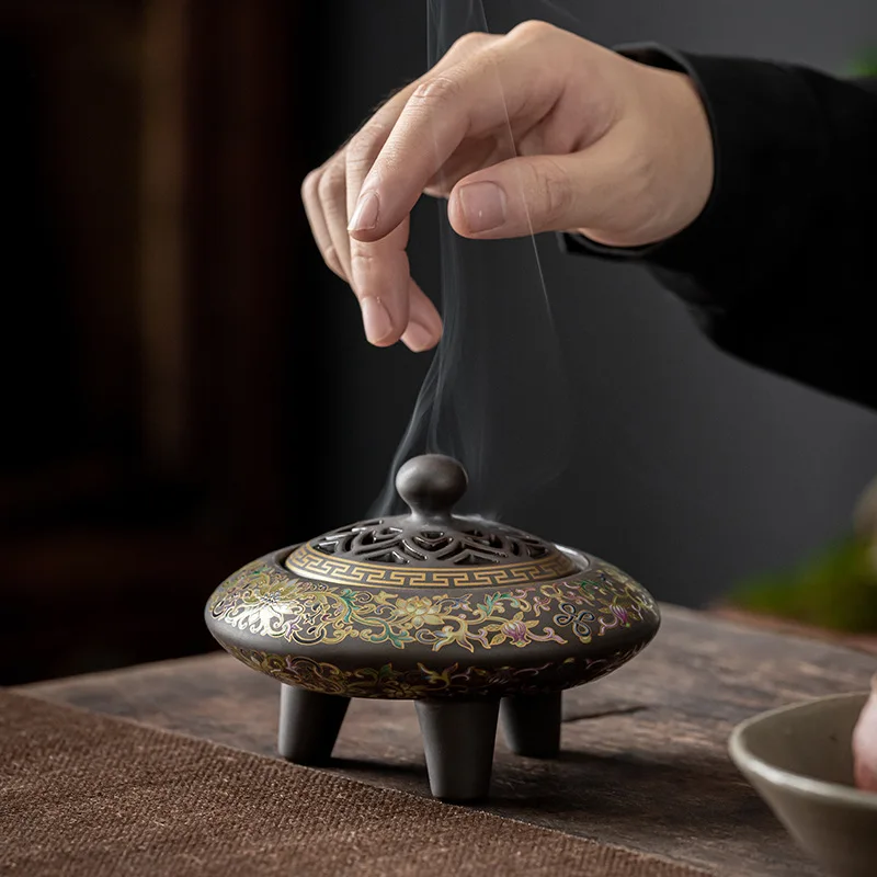 Handmade Classical Vine Pattern Ceramic Cloisonne Incense Burner Tall Tripod Stove Incense Stick Enamel Color Offering Buddha