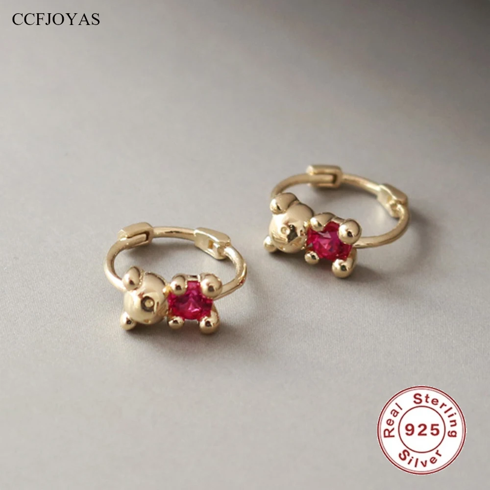 CCFJOYAS 9mm 925 Sterling Silver Pillow Bear Hoop Earrings for Women Cute Girl Heart Rose Red Zircon Exquisite niche Earrings