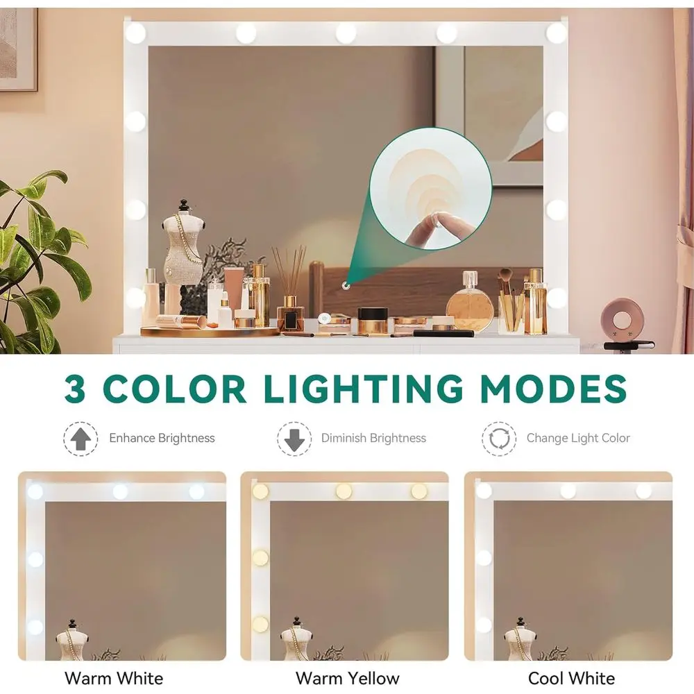 DAFIFY Lighted Mirror Vanity Table with Cushioned Stool, 4 Drawers, Hidden Jewelry Organizer, 3-Mode LED Lighting