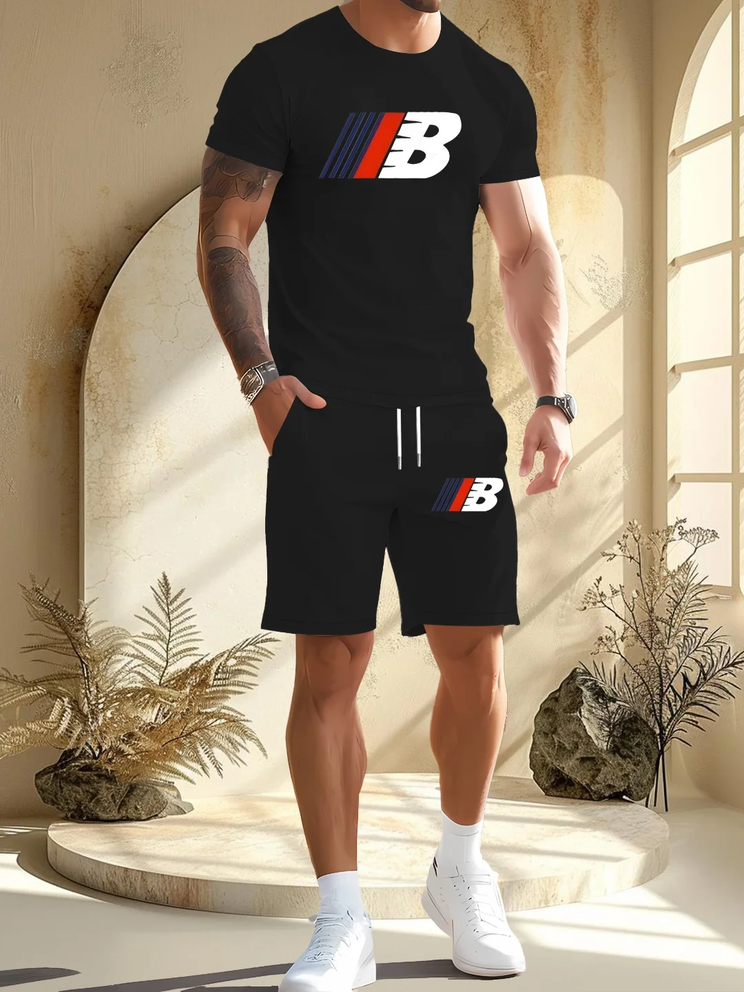 Men's casual shorts and short-sleeved suits simple yet modern breathable round neck loose lettered
