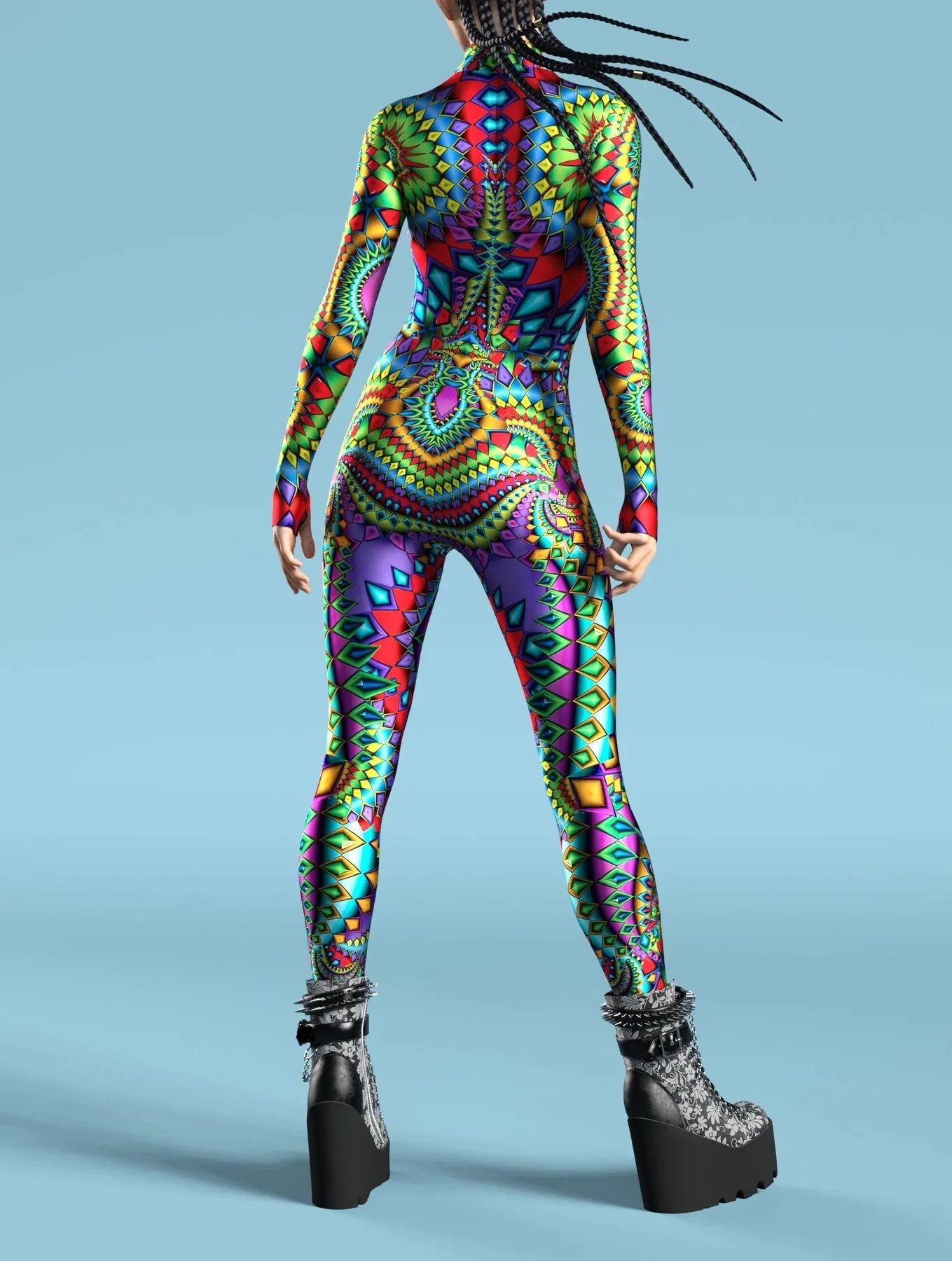 Damen Mehrfarbiger 3D-Druck Festtagsparty Regenbogen Sexy Enger Bodysuit Punk Cosplay Kostüm Performance Romper – Detail 8