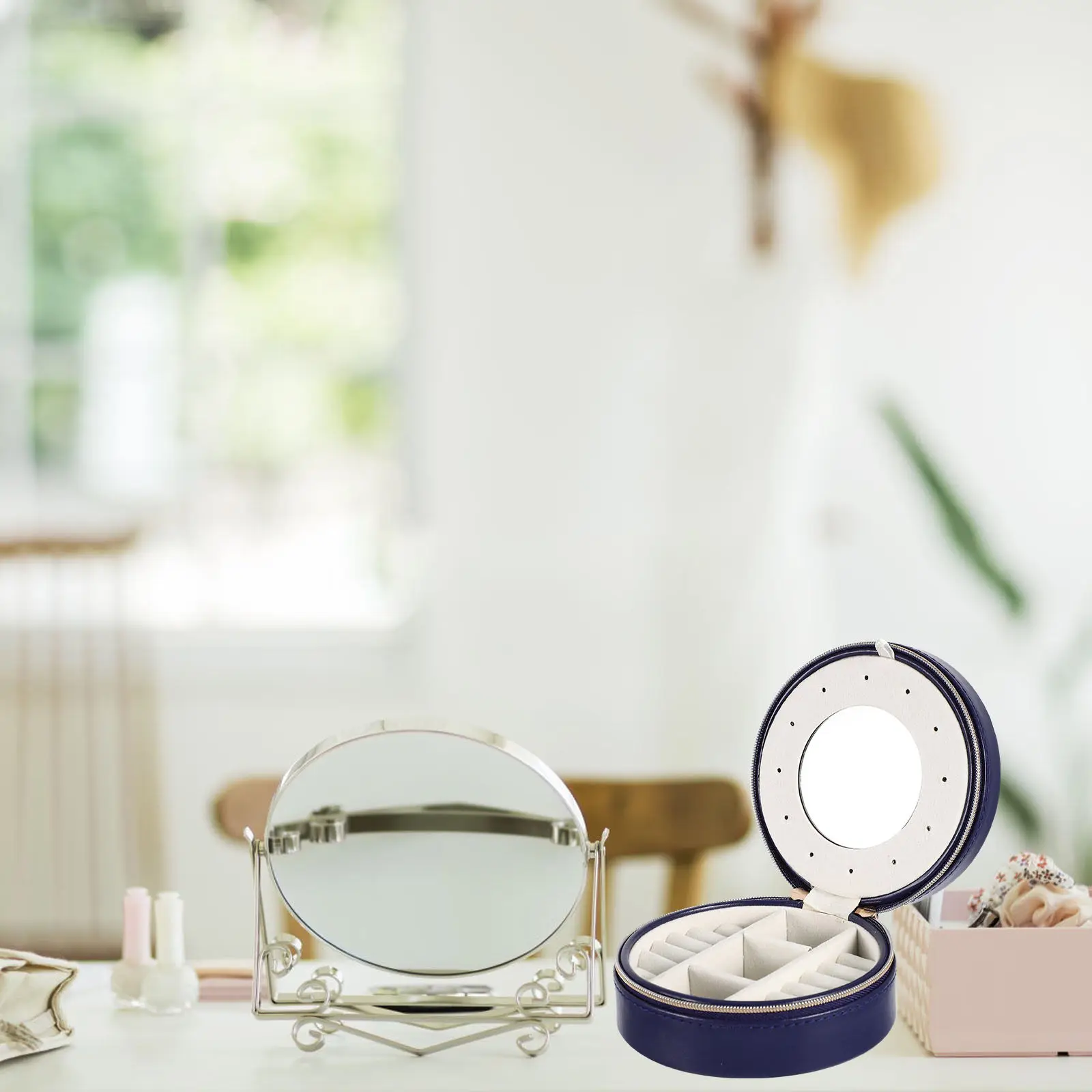 

Круглая дорожная шкатулка для украшений из ПУ, портативный контейнер для хранения с 10 отделениями и 3 секциями, компактный легкий футляр для женщин