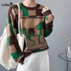 Colori a contrasto maglioni Vintage girocollo abbigliamento donna diamanti moda cartone animato manica lunga maglioni lavorati a maglia Casual