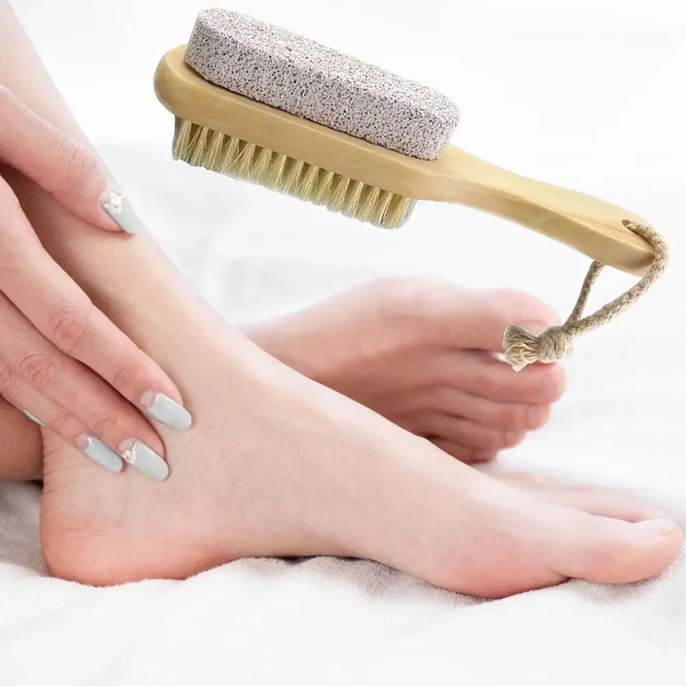 1pc Wood Handle Pumice Stone Foot Brush Scrubber Feet Massage Brush Exfoliating Tool Pedicure Dead Skin Bristle Remover Nat J7R0