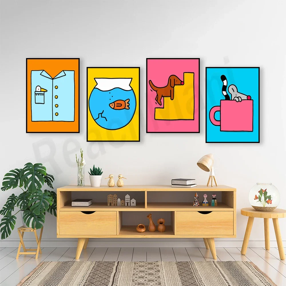 Funny cartoon animals mice, pigs, fish, snails, dachshunds, animal illustrations, children's room home wall decoration posters