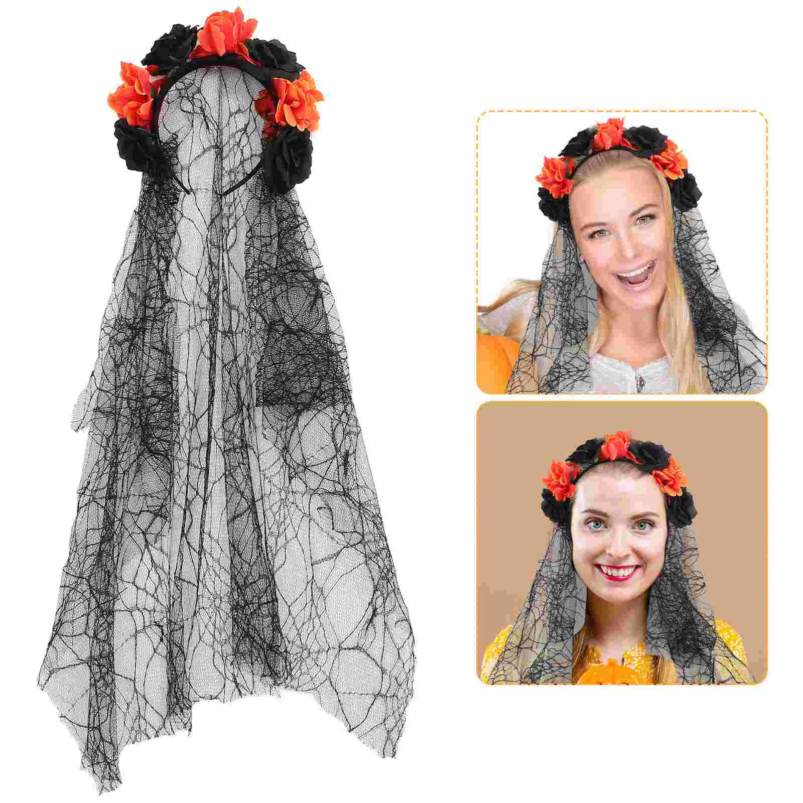 

Dark Flower Veil Headband Bride Cosplay Wedding Headpiece Silk Gothic Garland Halloween Party