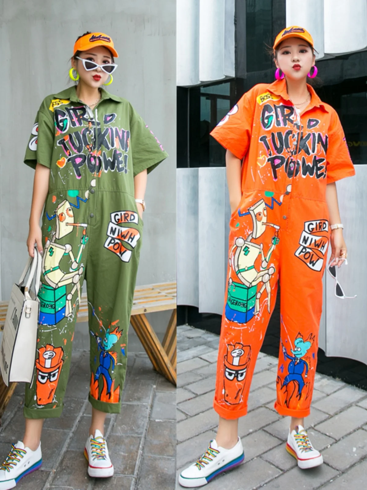 Faionable Streetwear Overall Pants Loose Fit fiti Print Hip Hop Sle Slimming Nine-Quarter Length Women's Clothing