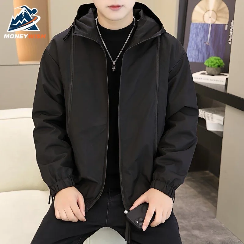 

MONEYWISH Мужская зарядная куртка 2025 однотонная тонкая уличная ветрозащитная водонепроницаемая дышащая куртка с капюшоном повседневная спортивная ветровка