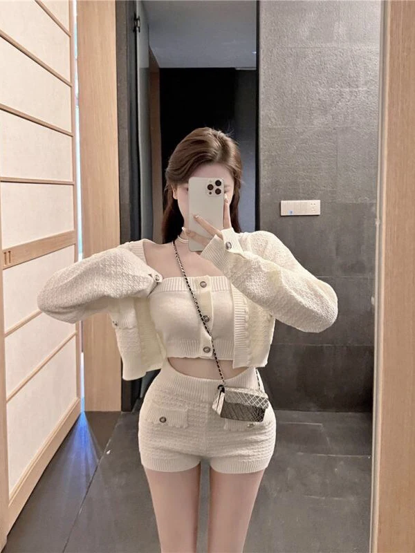 2026 New Knitted Cardigan Outerwear Strapless Vest Shorts Casual Trendy Sweater Women Slimming Sexy Pure Desire Top