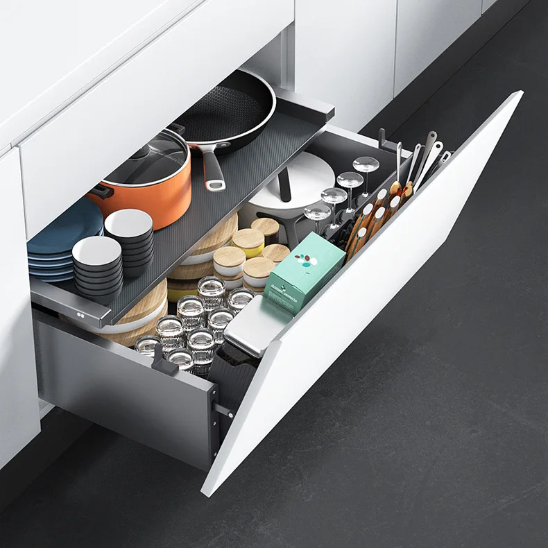 -oo Double-tiered Kitchen Inclined Drawer with Pull-out Baskets for Pots and Pans Seasoning Baskets Dish and Bowl Cabinet