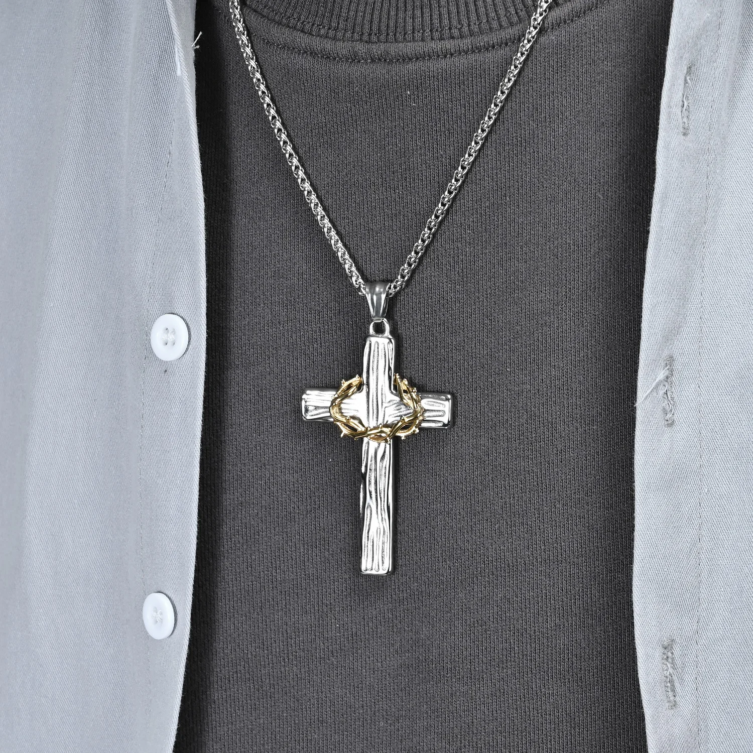 Retro Vintage Ti Steel Flower Cross Necklace, Dual Tone Woodgrain SS Prayer Pendant, Artsy Chic Minimalist Jewelry