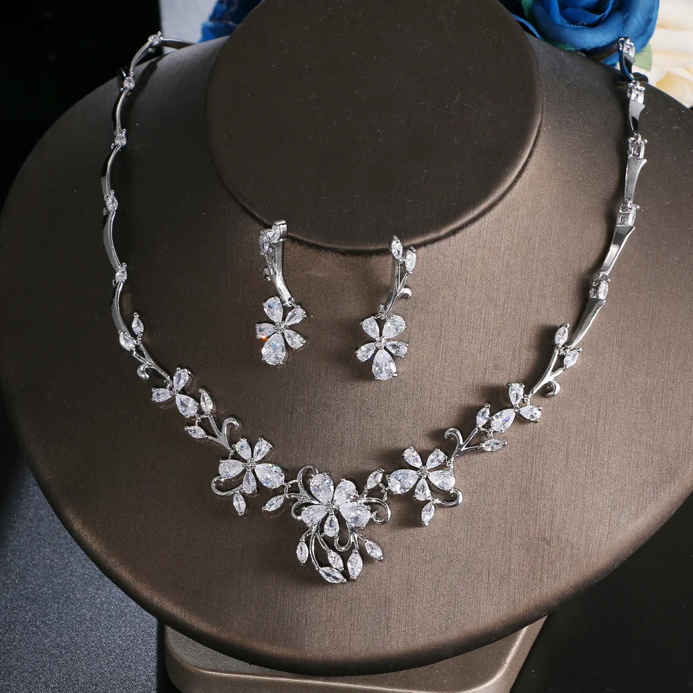 

Floral Design CZ Bridal 2Pcs Set, Inlaid Zircon Necklace & Earrings Wholesale Fashion Women Wedding Accessories
