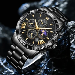 2024 New Mens Stainless Steel Watch Multi functional dial Gold Black Fashion Timing Sports Style Watch Men's Quartz Wrist Watch