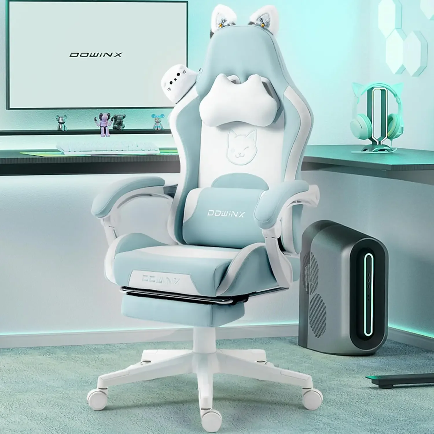 Cadeira do jogo com orelhas do gato e apoio lombar da massagem, cadeira ergonómica do computador com apoio para os pés, azul e verde