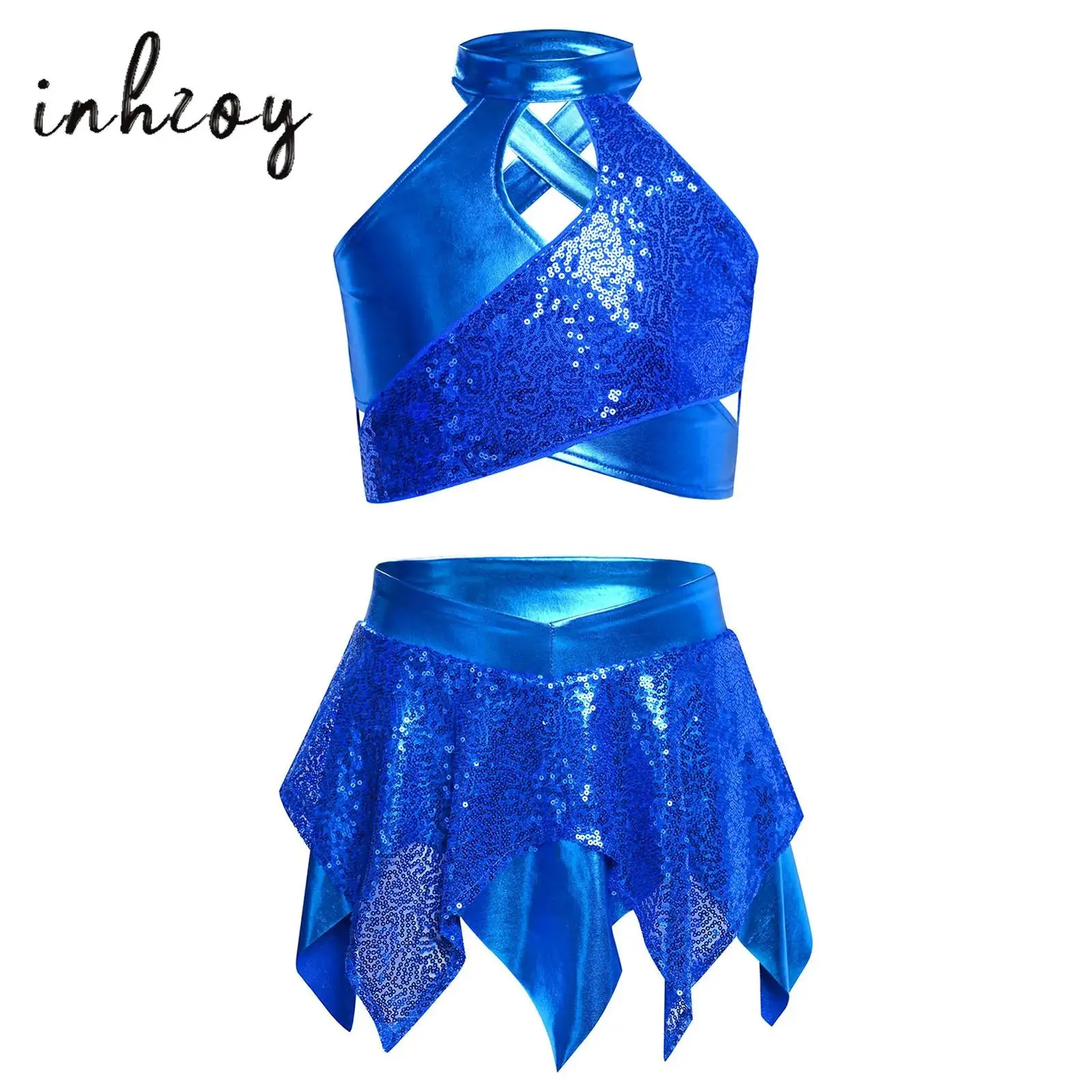 

Kids Girls Latin Jazz Dance Outfit Cross Keyhole Sparkly Sequins Metallic Tank Crop Top+Asymmetric Skirt Ballet Dress Streetwear