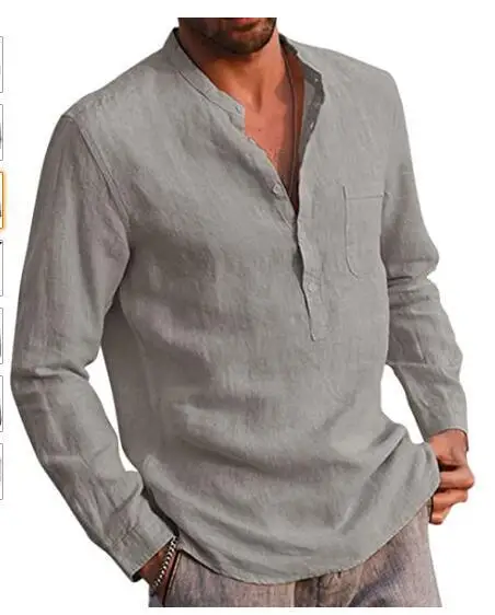 Plus Size Men Shirt Cotton Linen Hot Sale Men\'s Long-Sleeved Shirts Summer Solid Color Stand-Up Collar Casual Beach Style