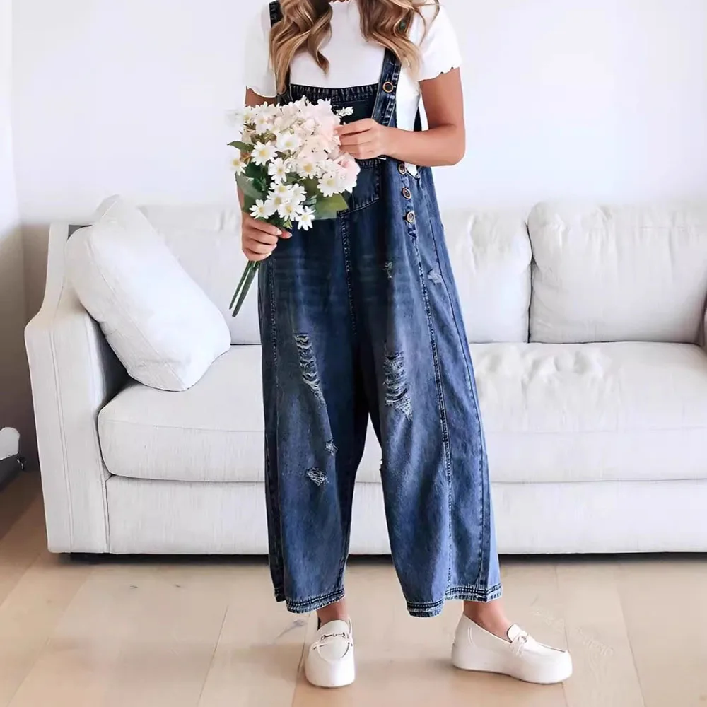 2026 Woman' Cowboy Overalls Casual Denim Pants Retro Style Spice Girls Trousers High Waist Pocket Pants Loose fit Denim Overalls view 3