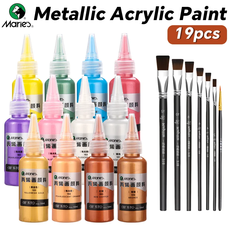 

Набор металлических акриловых красок Marie's, 19 шт., набор богатых блестящих пигментов с 7 кистями для самостоятельного изготовления, дерева, фарфора, модели (50 мл/1,69 унции)
