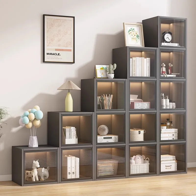 Bookcase with glass door display free combination square grid vertical cabinet narrow cabinet household living room stairwell