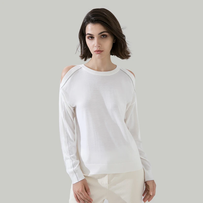 1604 Jersey de lana de 100% con hombros descubiertos, suéter fino y suelto para mujer, ropa de otoño, ropa de lujo para mujer