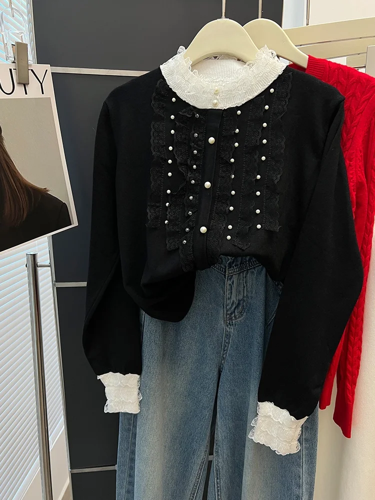 Ele décontracté Long Sve laine tricot pull perlé Faionable trajet polyvalent Simple femmes Faion coréen coupe ample