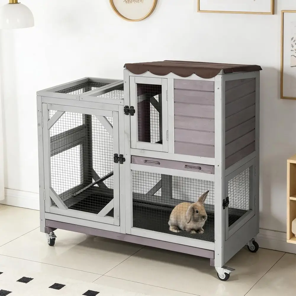 

Кроличья клетка для дома и улицы на 2 кролика, деревянный домик с передвижной клеткой, герметичными поддонами, дождевым тентом, подходит для морских свинок