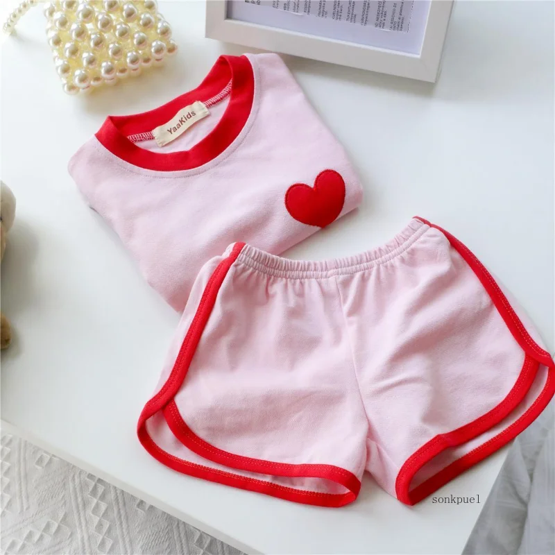 2 Pcs Girls Clothes Set 2024 Summer Children Clothing Pink Short Sleeve T-shirt and Shorts Girl Baby Clothes Casual Suit