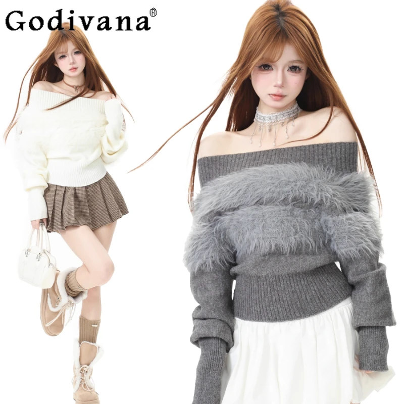 

Japanese Style Off Shoulder Knitted Sweater for Women Furry Patchwork Autumn Winter Slim Pullovers Girls Lolita Slimming Sweater