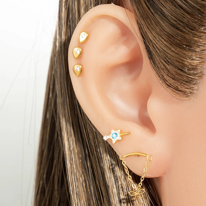 

1PC G23 Titanium Internal Thread Stud Earrings Flower CZ Dangle Tassel Helix Cartilage Tragus Lip Flat Back Piercing Jewelry 16G