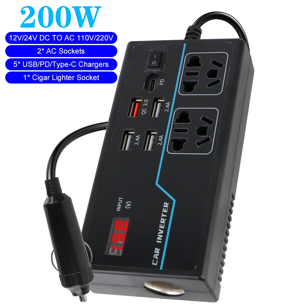 G9 Voltmeter Inverter Car Power Converter 200W Cigar Lighter Adapter Splitter 8 Output Ports Socket DC 12V 24V To AC 110V 220V